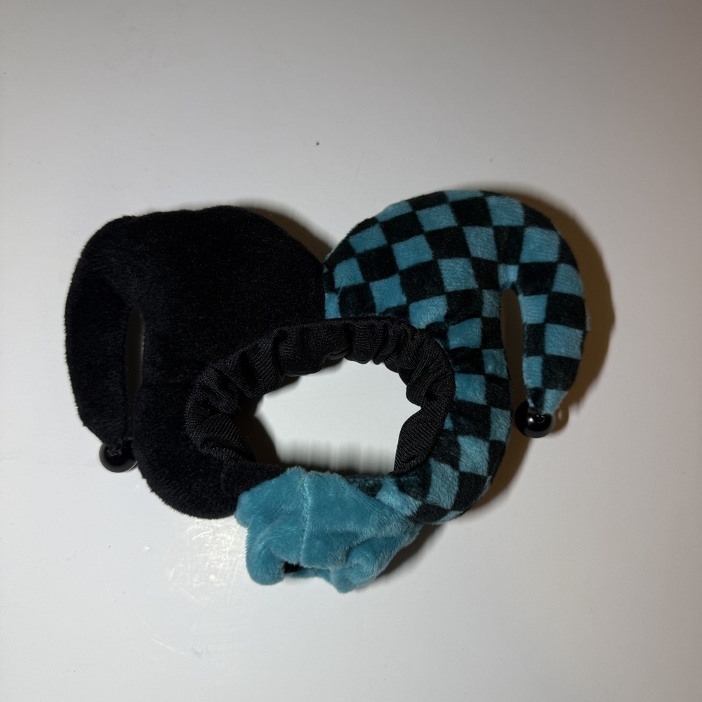 Jack in the Box Plush Jester Hat Headband Black Teal Checkered